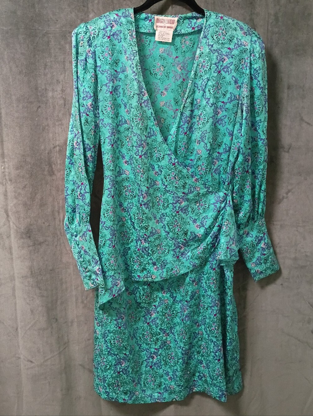 Vintage 80s Maggy London Jeannene Booher Silk Teal Floral Faux Wrap Dress Size12 - Picture 2 of 8